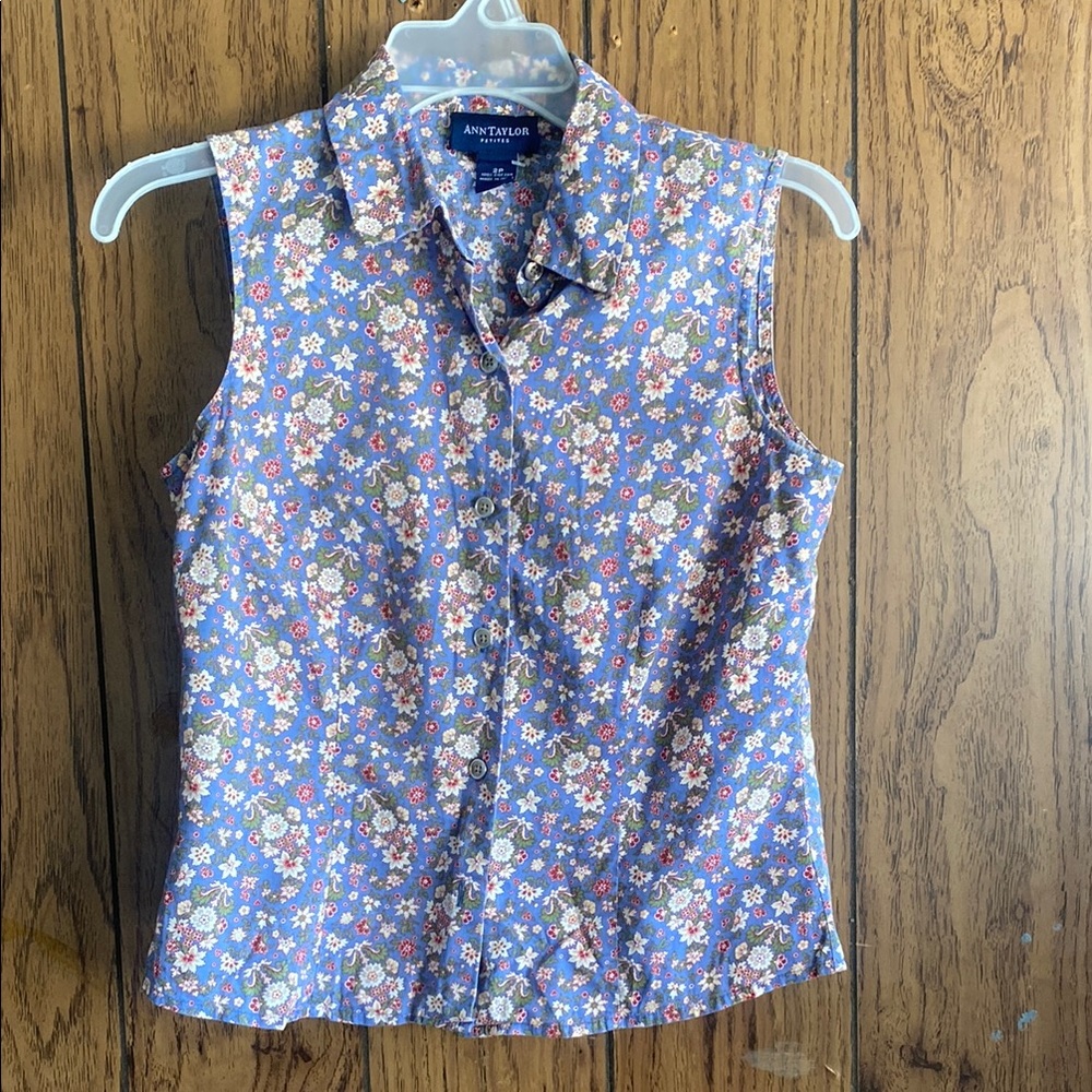 Ann Taylor Blue Sleeveless Button Down Shirt